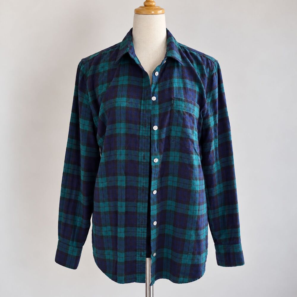 J.Crew Re-Imagined Women’s Plaid Button Down Shirt Green Navy Blue Long Sleeve